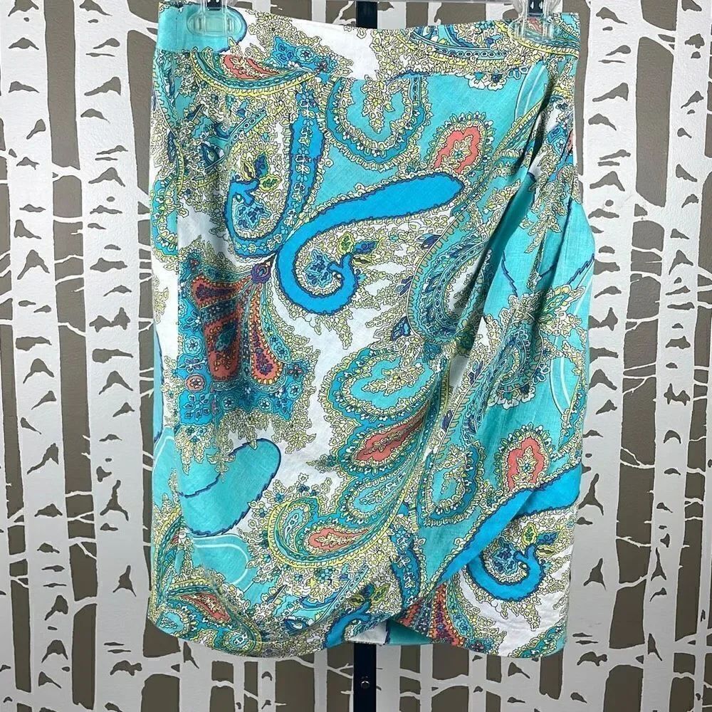 Sunny Leigh Linen Paisley Print Faux Wrap Skirt 6